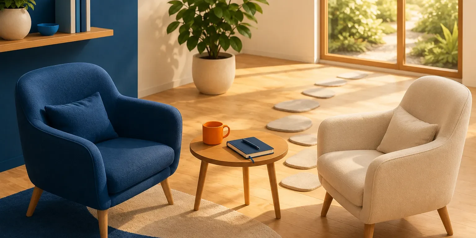 Coaching con PNL — portada Dos sillones frente a frente en una sala de coaching