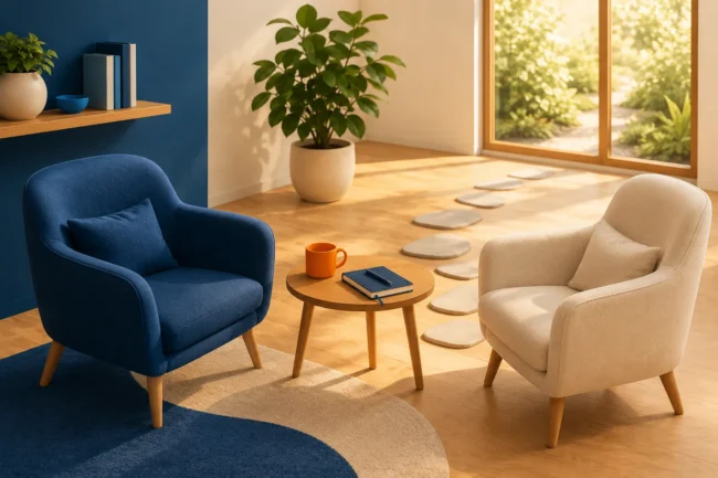 Dos sillones frente a frente en una sala de coaching
